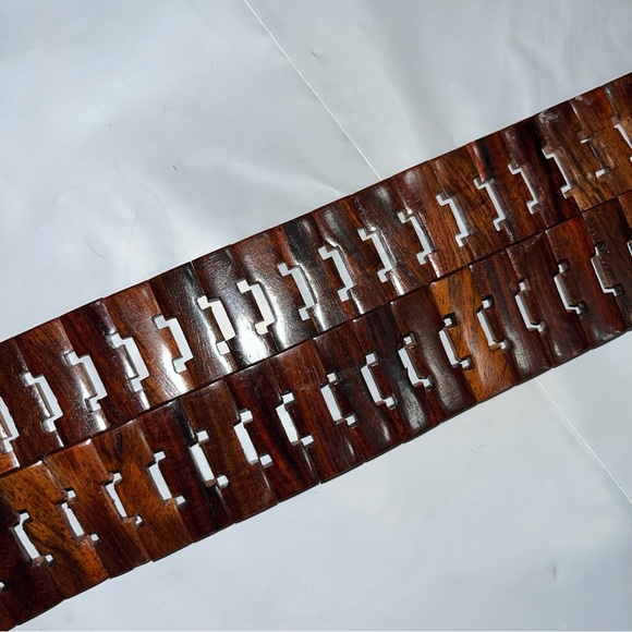 WOODEN brown hinged vintage 1970s Belt 38”long wooden Hook Buckle Glazed unisex - Picture 13 of 15